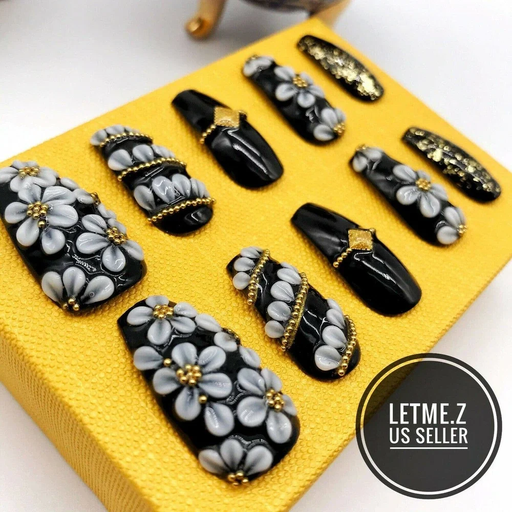 Press on‎ Nails Glue On Long Coffin 3D Black Gold